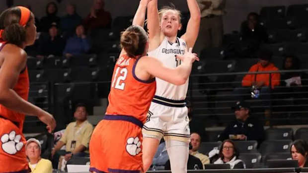 Cameron Swartz shooting a 3-pointer vs Clemson